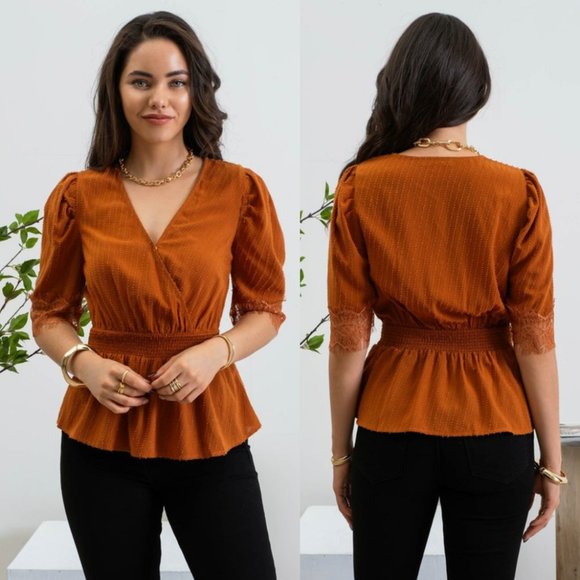 mine Tops - Copper Smock Waist Short Puff Sleeve V-Neck Lace Detail White Speckled Top NWT